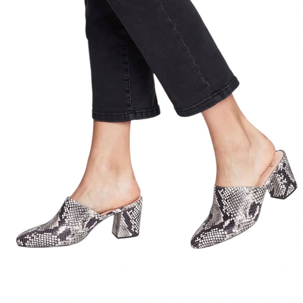 J. Crew Leather Snakeskin Block Heel Almond Toe Mules Shoes Sz. 8.5 Excellent